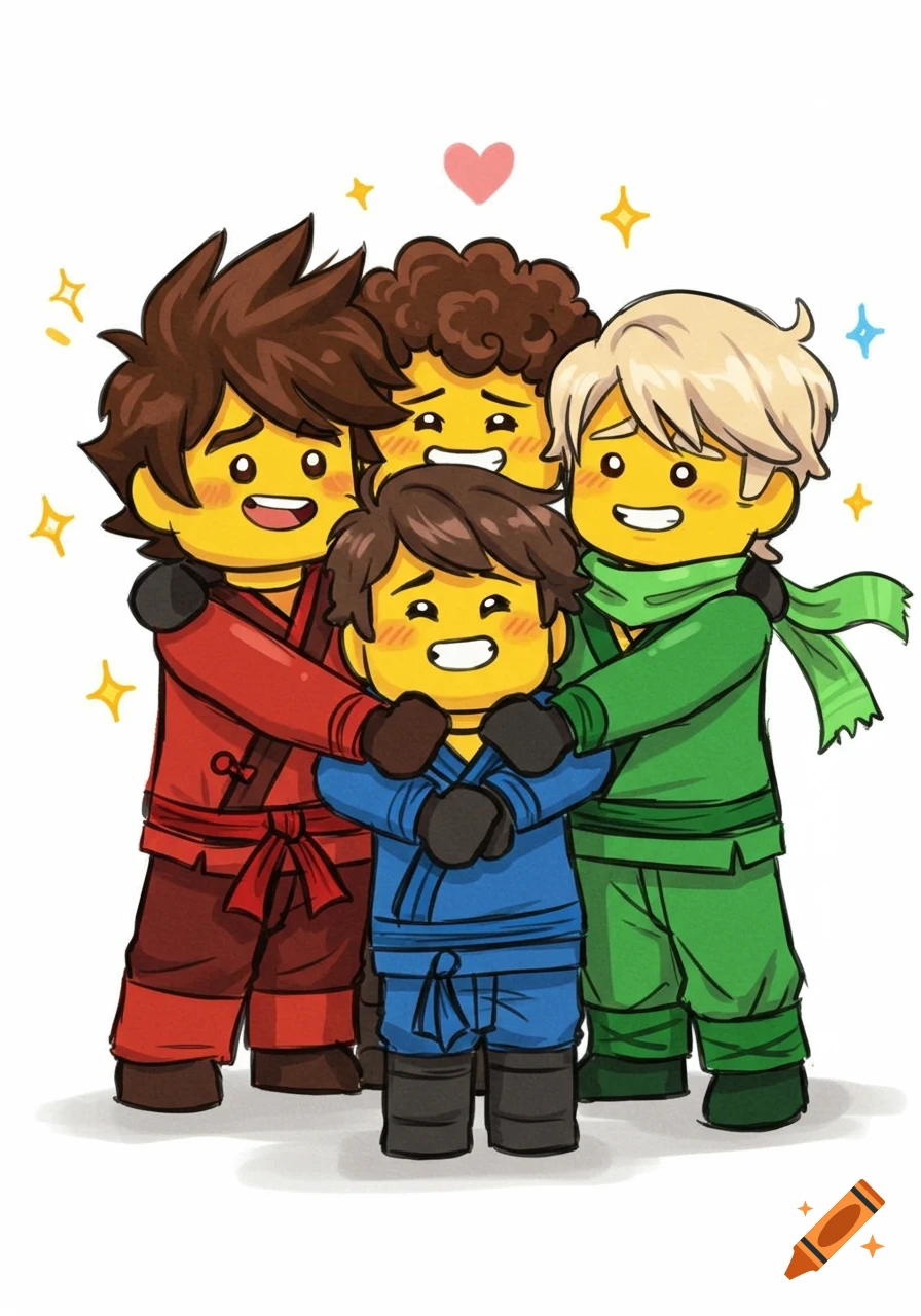 Chibi-style illustration of four Lego Ninjago characters in a warm group hug, surrounded by sparkles on a white background.