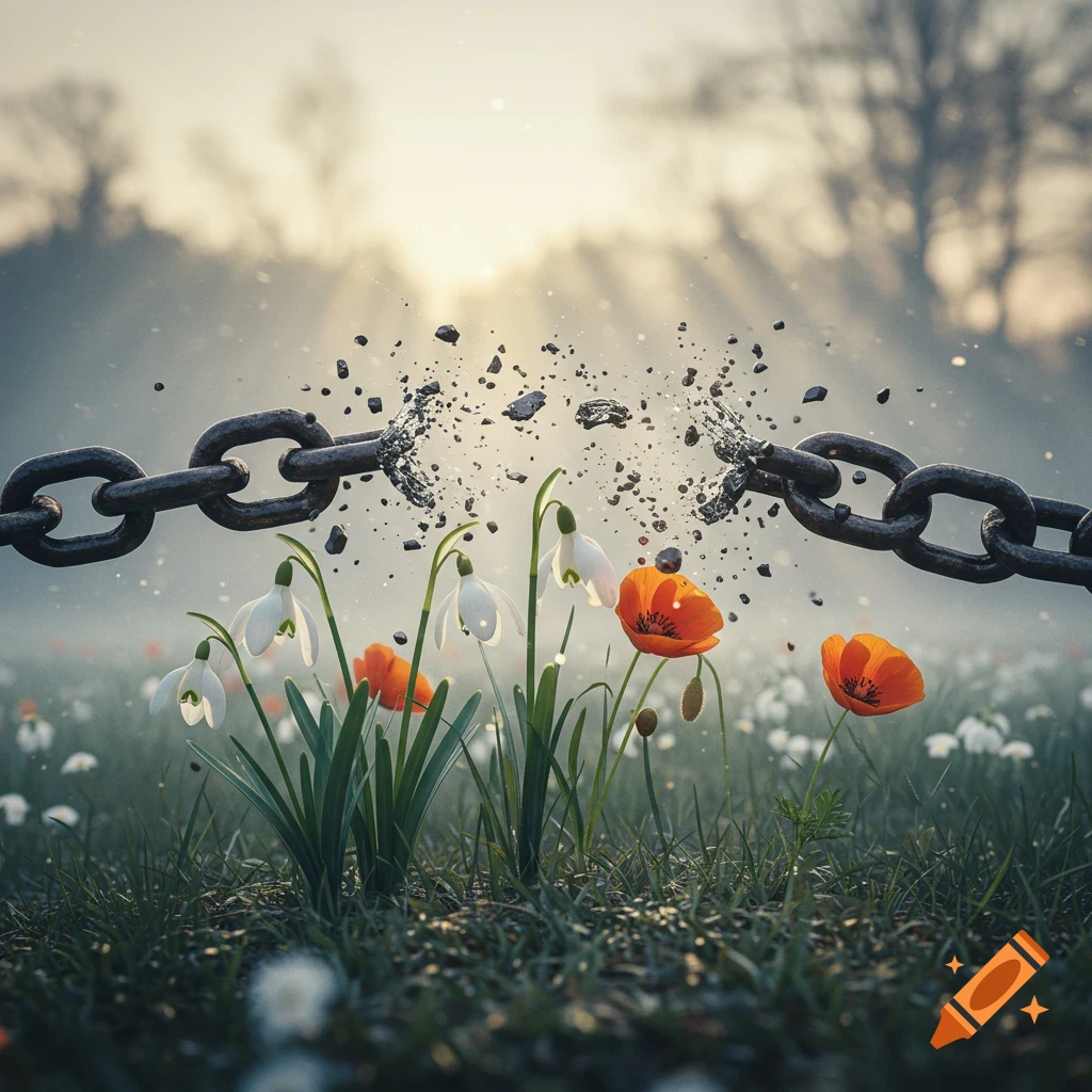 A rusty metal chain breaks apart into small debris over a field of snowdrops and orange poppy flowers, bathed in soft morning light.
