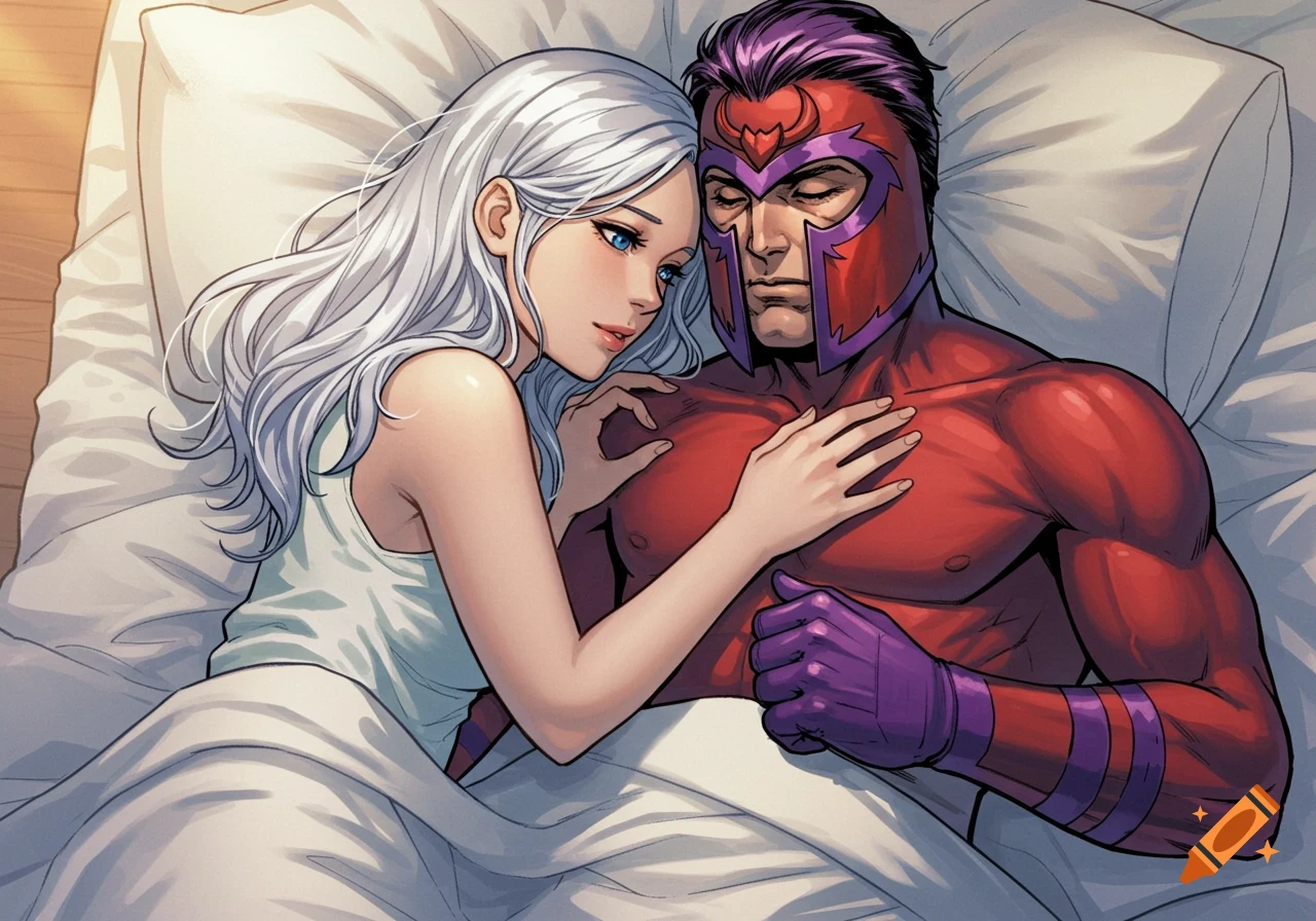 Marvel comic style image of a man in a red helmet resembling Magneto and a white-haired woman embracing in bed.