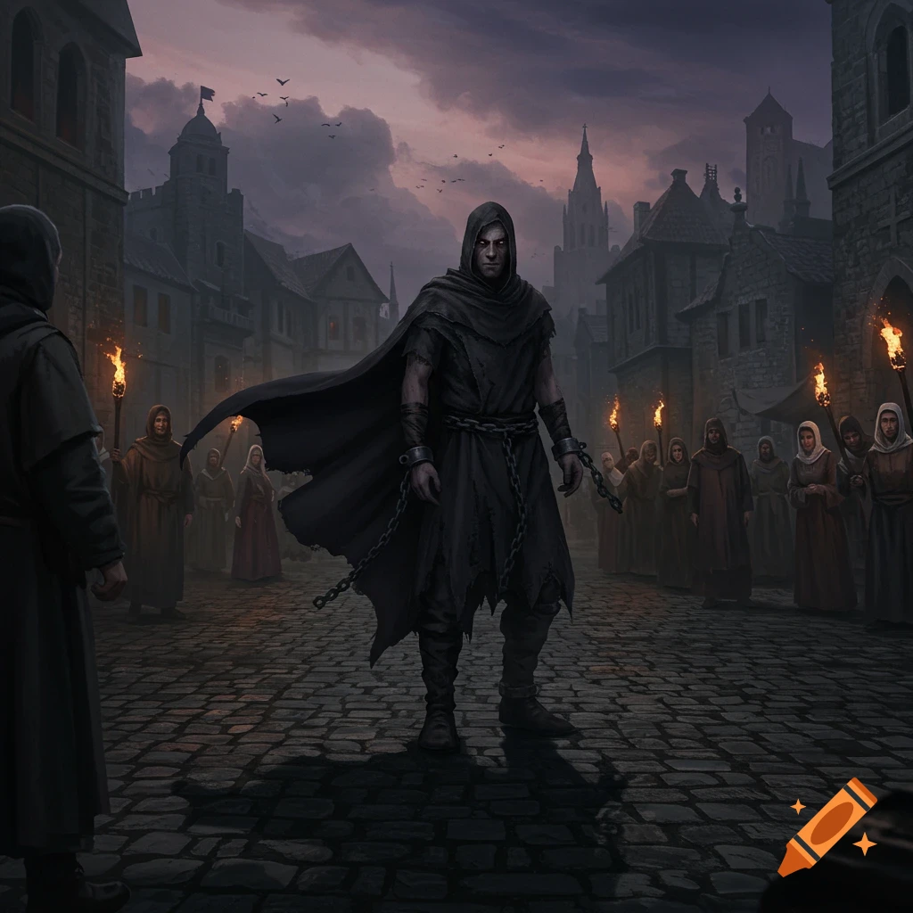 A dark fantasy scene of a hooded man in chains standing on a cobblestone street in a medieval town, surrounded by torch-bearing figures at dusk.