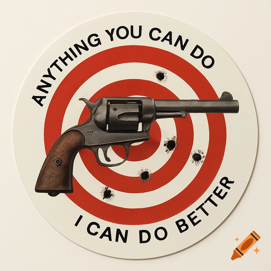 A circular sticker with a vintage pistol on a red and white target, surrounded by the text "ANYTHING YOU CAN DO I CAN DO BETTER". There are bullet holes on the target.