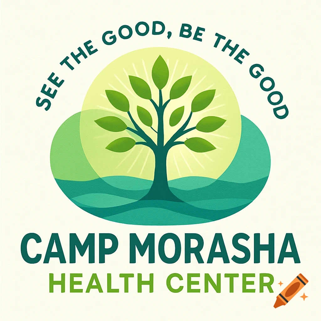 Green and yellow logo for Camp Morasha Health Center featuring a stylized tree, green flowing shapes, and text 'See The Good, Be The Good'.