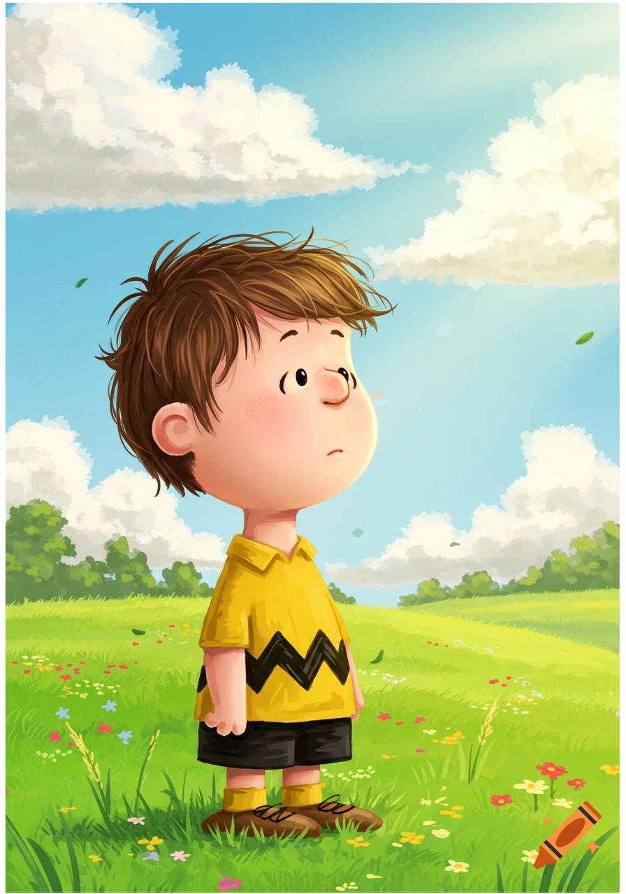 Cartoon of Charlie Brown with messy brown hair, wearing a yellow shirt with a black zigzag, standing in a green field under a blue sky with clouds.