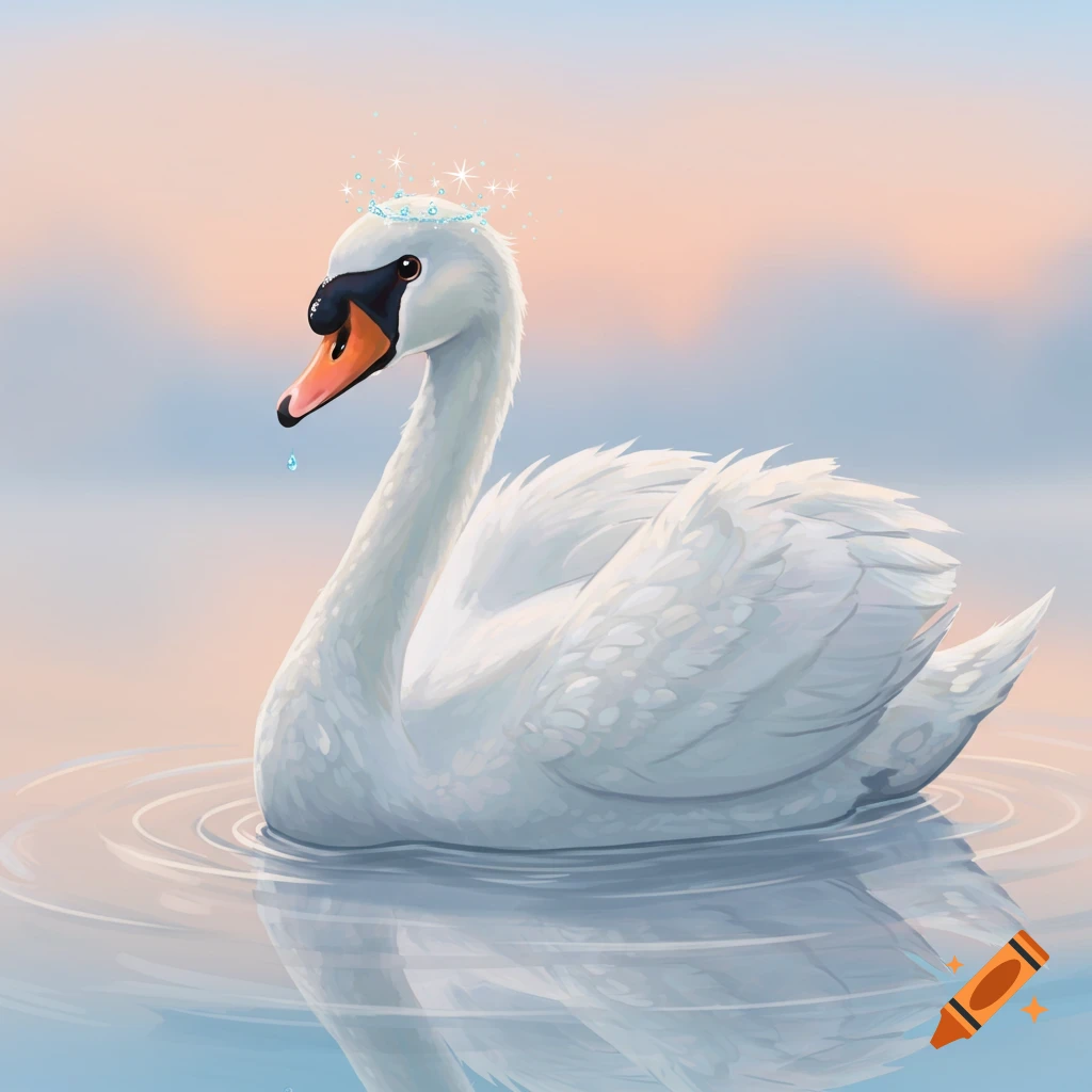 A graceful white swan wearing a sparkling blue crown floats on calm water with soft pastel reflections in a digital illustration.