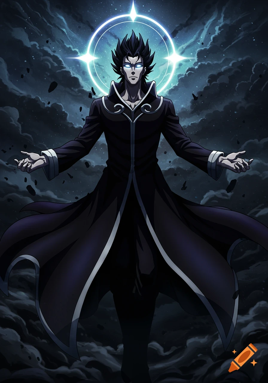An anime character with spiky black hair, glowing blue eyes, and a dark long coat stands with outstretched arms amidst dark clouds, with a glowing halo behind him.