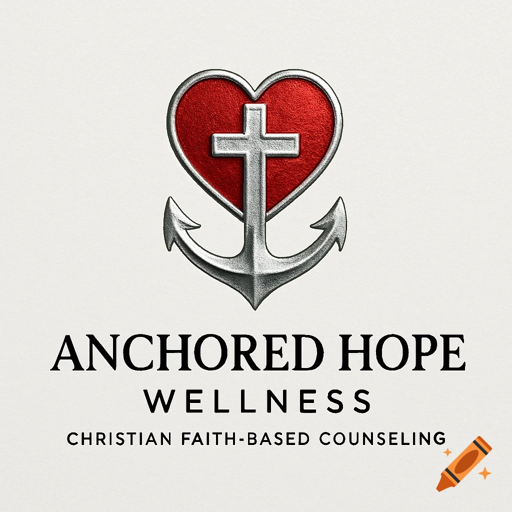 A logo featuring a silver cross inside a red heart, placed above a silver anchor. Below the emblem, the text reads "ANCHORED HOPE WELLNESS" and "CHRISTIAN FAITH-BASED COUNSELING".