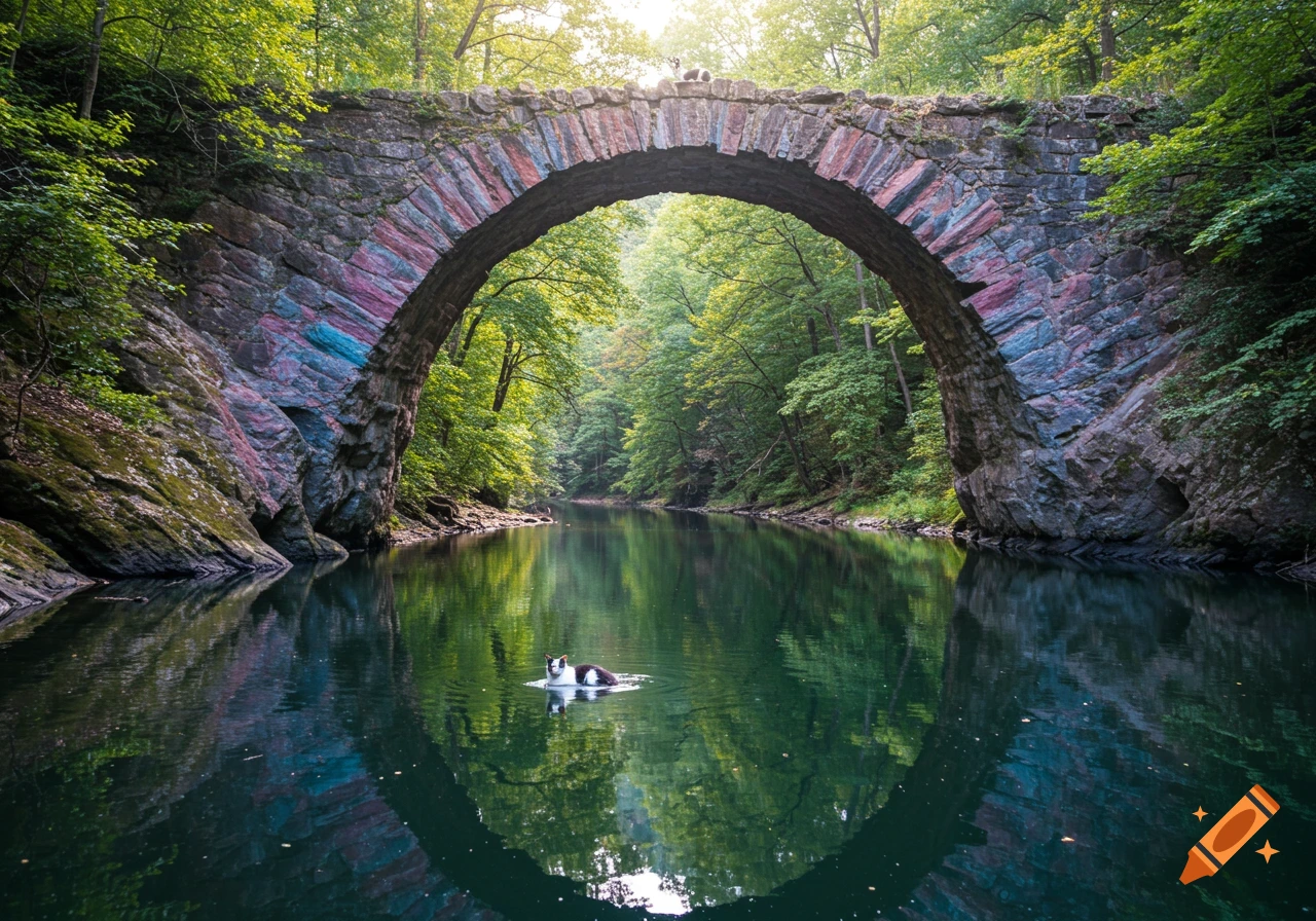 A black and white cat floats in a serene river under a stone bridge adorned with rainbow colors, surrounded by lush green forest.