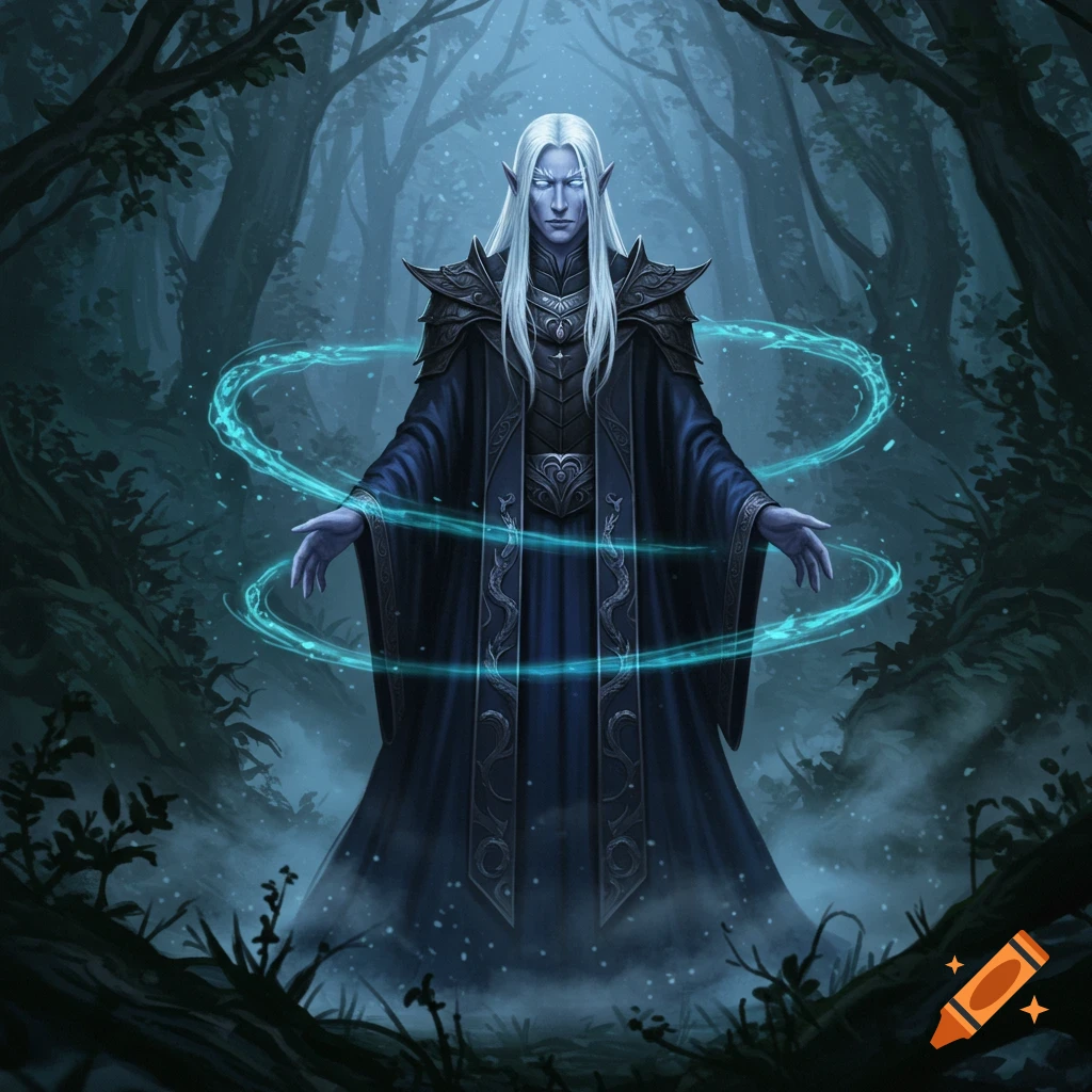 A white-haired elf sorcerer in dark robes stands in a misty forest, casting blue magic.