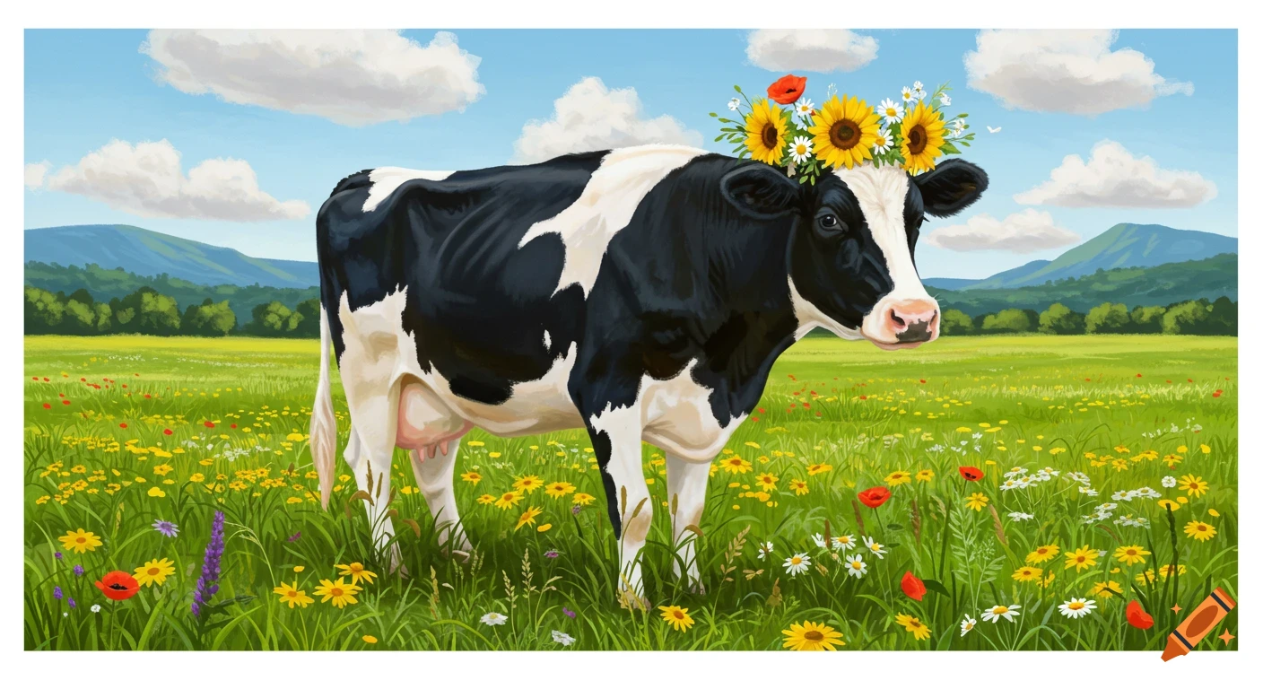 A black and white cow wearing a sunflower and daisy wreath stands in a vibrant green wildflower field under a blue sky, illustration.