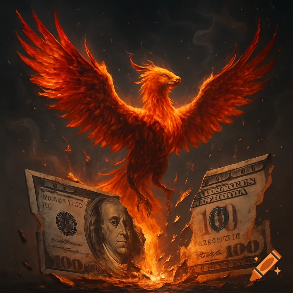 A fiery phoenix with large wings emerges from a burning and torn hundred-dollar bill against a dark background.