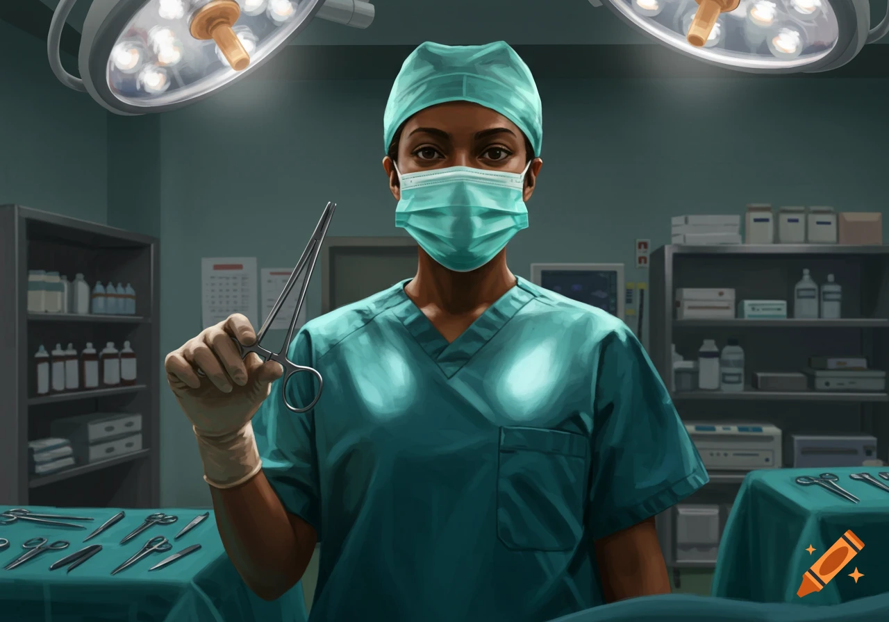 Illustration of a brown-skinned operating room nurse wearing a mask and holding a Kelly clamp in an operating room.