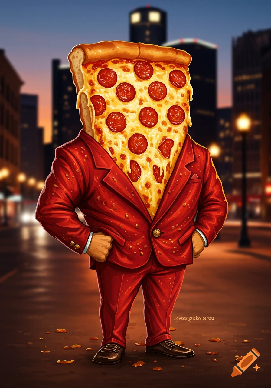 A cartoon slice of pepperoni pizza in a red suit stands on a city street at night.