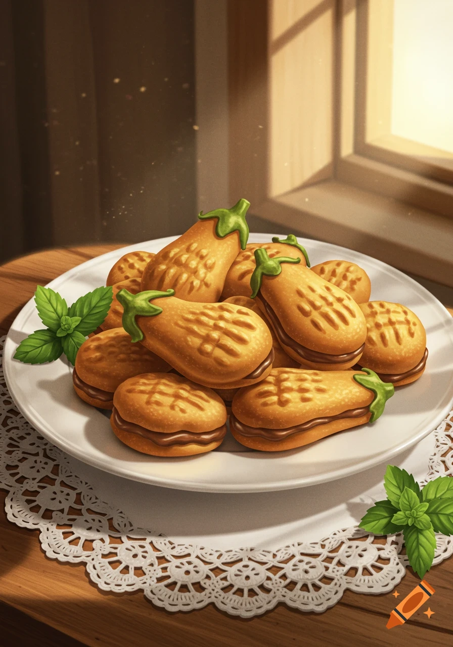 A plate of brown, eggplant-shaped biscuits with green stems and chocolate filling on a white plate with a doily, next to a sunlit window.