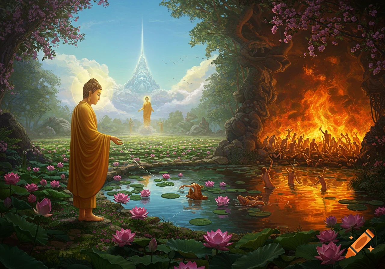An illustrative painting of Buddha in a serene lotus garden extending a thread towards a fiery abyss of suffering souls.