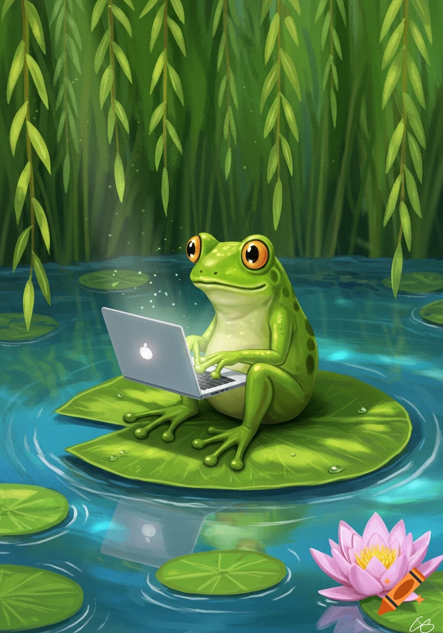 A green frog sits on a lily pad in a pond, typing on a silver laptop, surrounded by water lilies and willow trees in a vibrant cartoon style.