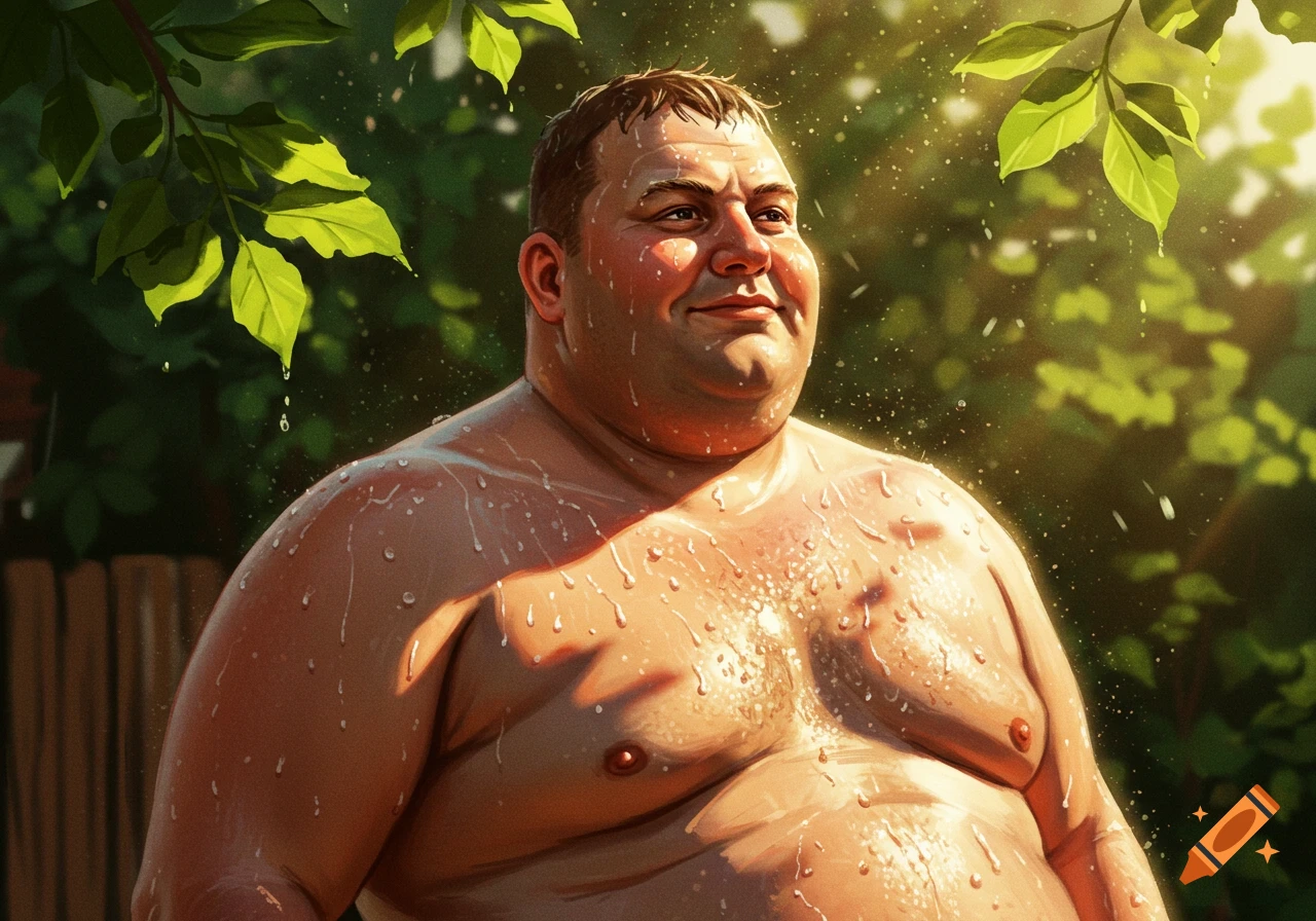 A fat shirtless man with sweat on his skin, illuminated by sunlight filtering through green leaves.