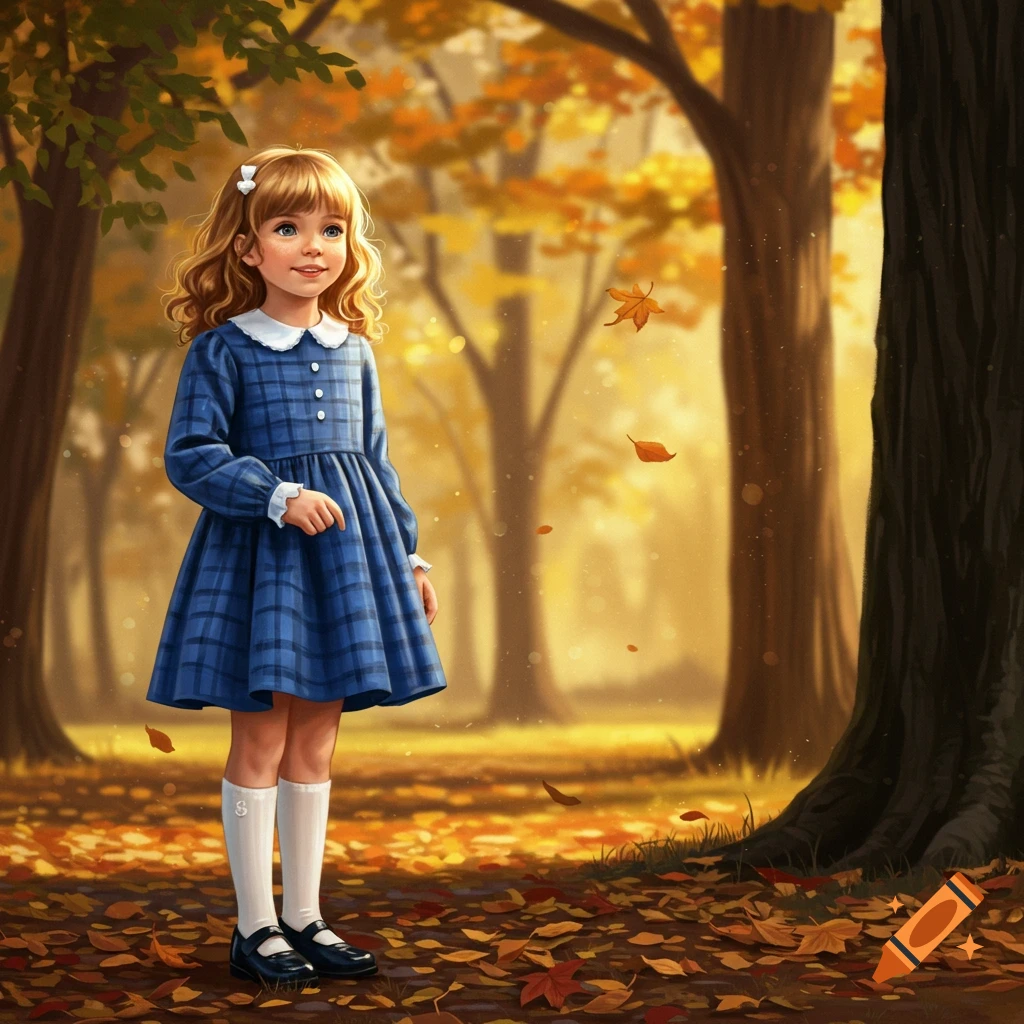 A young girl in a blue plaid dress and white socks stands in an autumnal forest with colorful trees and fallen leaves.