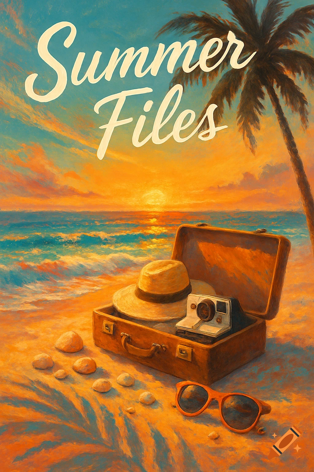 Painterly tropical beach sunset with 'Summer Files' text, a suitcase holding a straw hat and camera, sunglasses, and a palm tree.