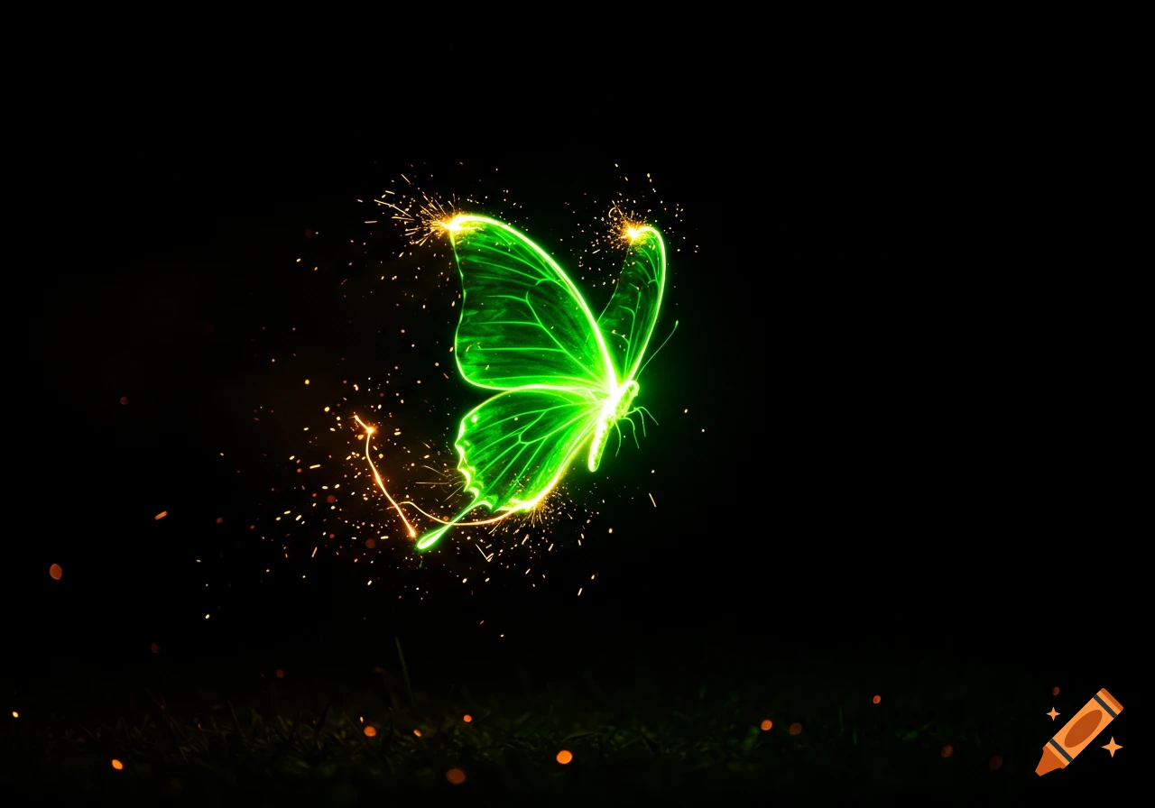 A vibrant green incandescent butterfly with electric sparks flying in the dark.