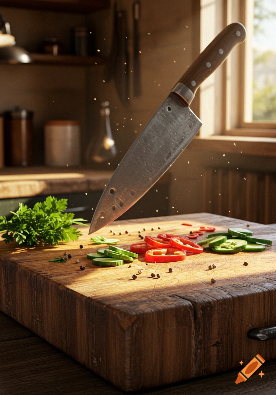 A chef's knife hovers above a wooden cutting board with sliced red peppers, green cucumbers, and fresh parsley in a sunlit kitchen.