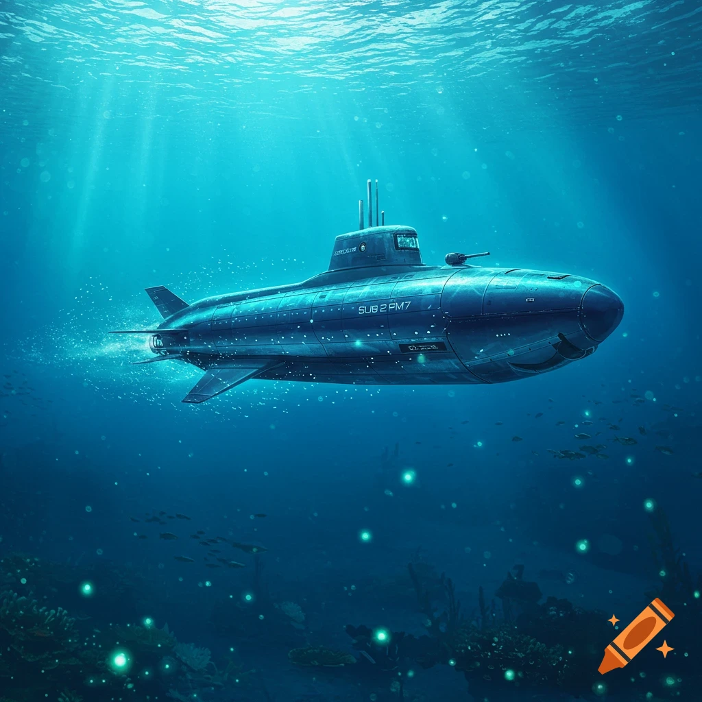 A futuristic blue submarine underwater, illuminated by sun rays, with glowing coral and small fish below.