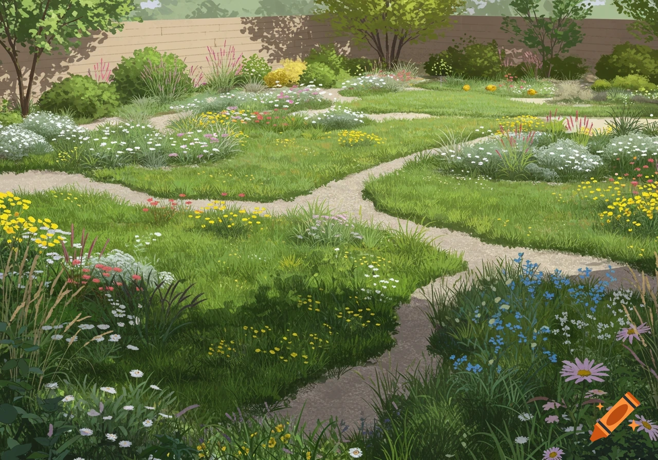 Illustrated view of a lush, utilitarian garden with winding dirt paths through green grass and various colorful wildflowers, bordered by trees and shrubs.