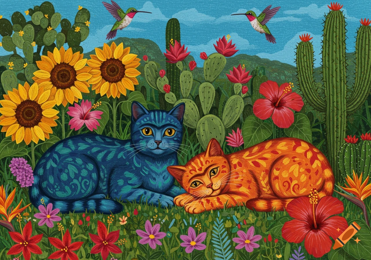 Two stylized cats, one blue and one orange, lie in a vibrant folk art garden with sunflowers, cacti, hibiscus, and hummingbirds.
