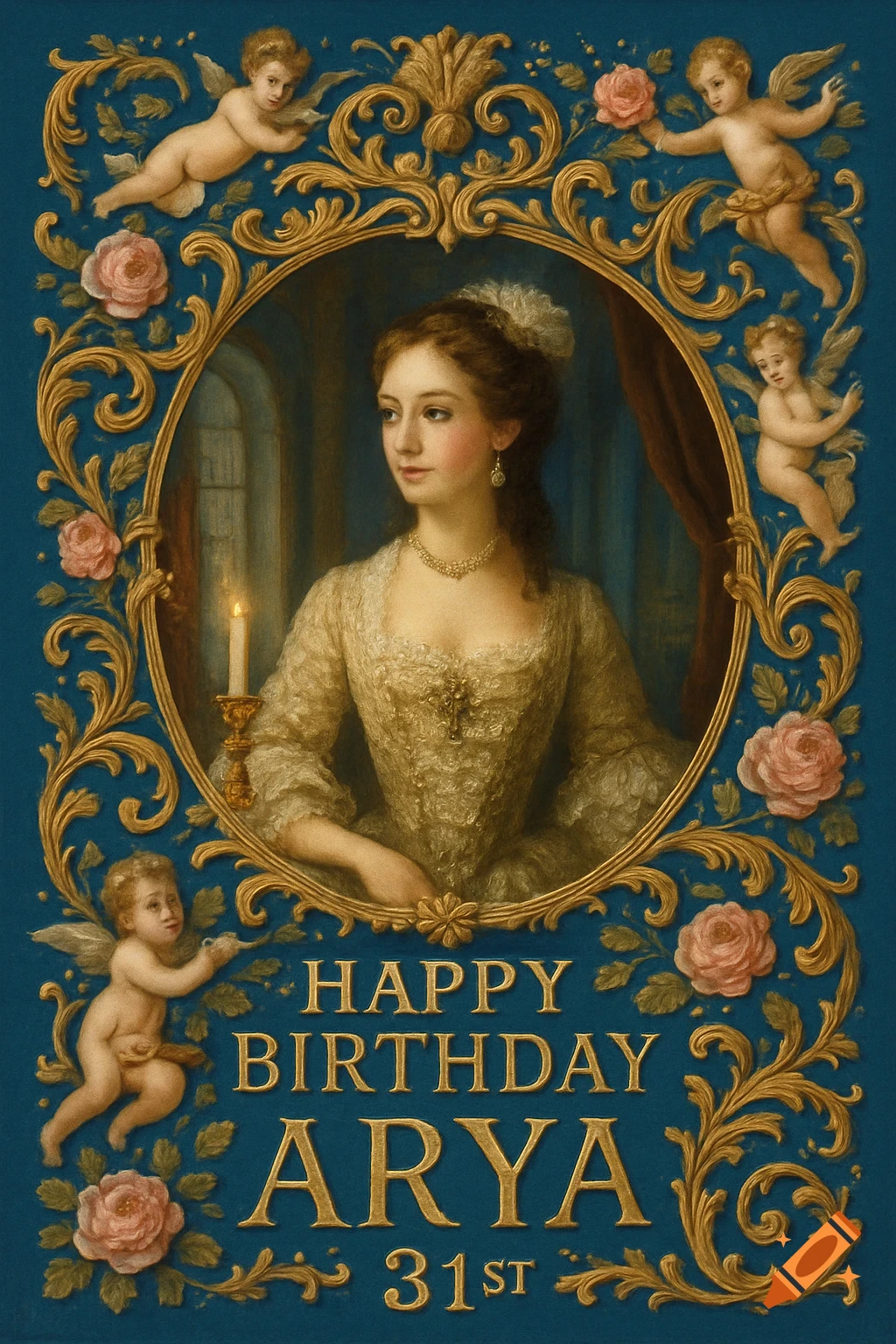18th-century baroque style birthday card with a portrait of a woman in an oval frame, surrounded by cherubs, roses, and gold ornate flourishes on a blue background, with 'Happy Birthday Arya 31st' text.