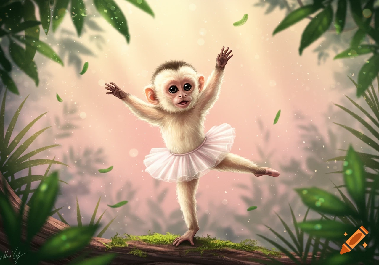 Whimsical illustration of a baby capuchin monkey in a pink tutu and pointe shoes, dancing ballet on a mossy log in a magical forest.