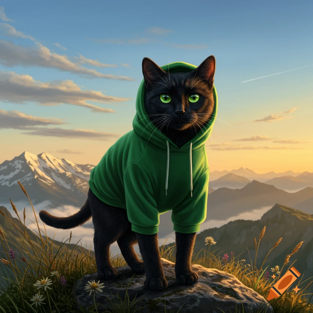 A photorealistic black cat in a green hoodie stands on a sunny mountain peak at sunrise.
