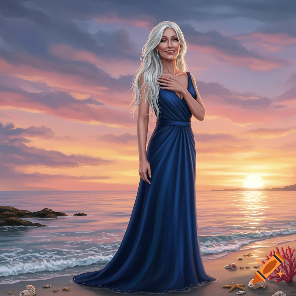A beautiful woman with long silver hair in a blue dress stands on a beach at sunset, digital art.
