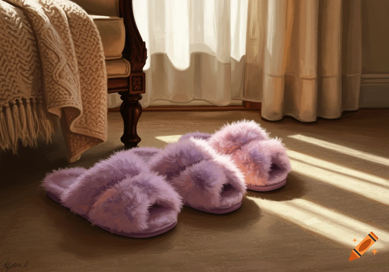 A pair of fluffy purple slippers rests on a sunlit wooden floor near a patterned blanket draped over an armchair and flowing curtains.