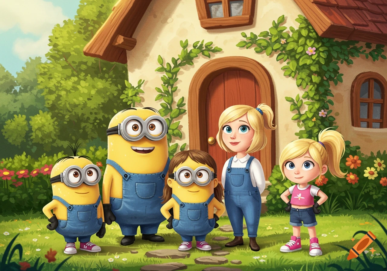 A cartoon family with three Minions and two young girls in front of a cozy house.