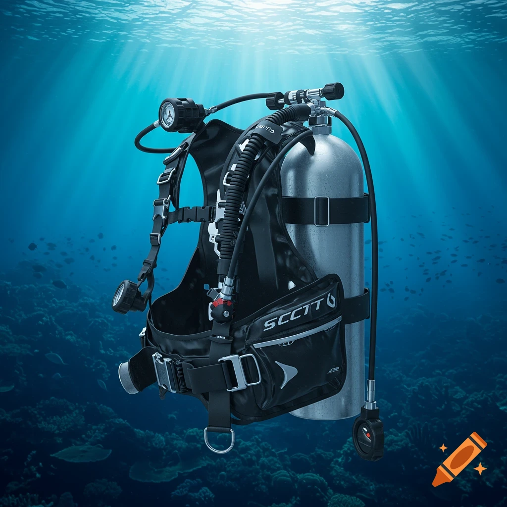 Photorealistic image of a black scuba diving BCD with a silver air tank, floating underwater with sunbeams from above and fish and coral in the background.
