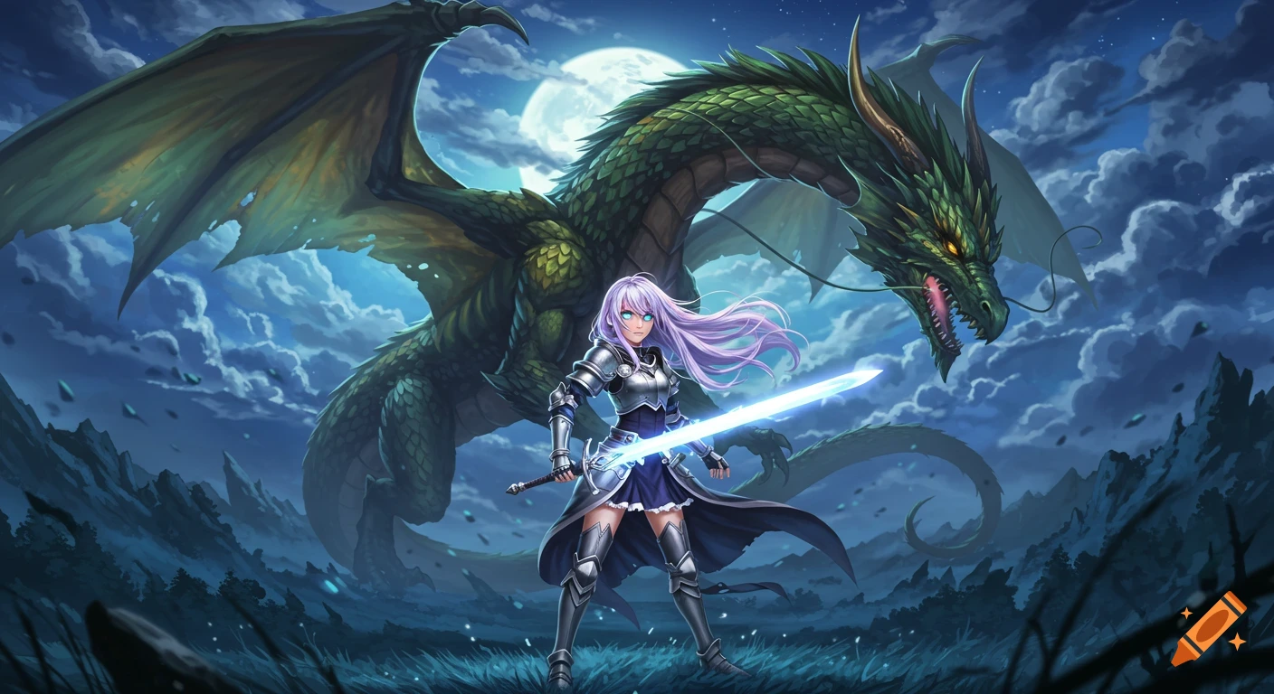A purple-haired anime girl in armor holds a glowing sword in front of a giant green dragon under a full moon in a fantasy landscape.