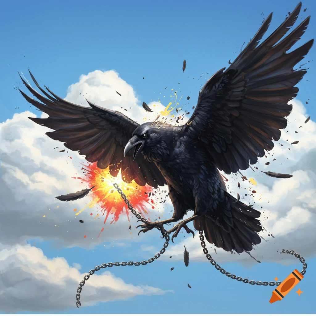A majestic black raven breaks free from chains amidst an explosion, wings outstretched, flying in a bright blue, cloudy sky.