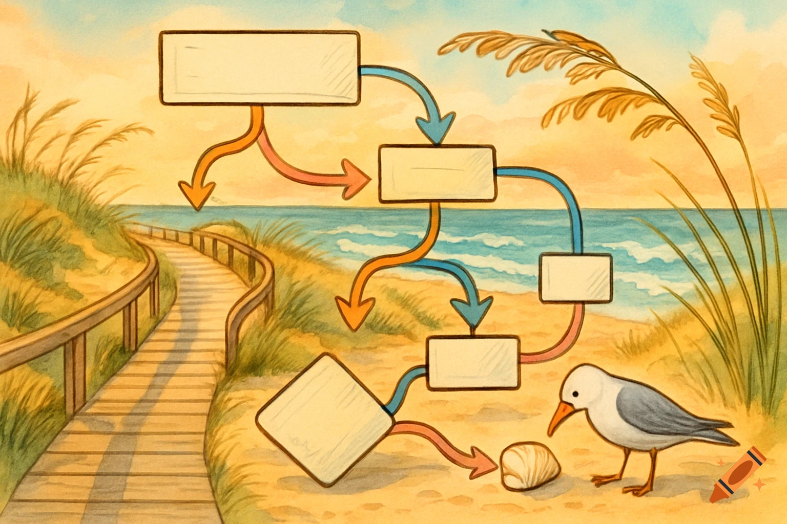 A watercolor illustration of a beach path leading to the ocean, overlaid with a flowchart, a seagull, and a seashell.