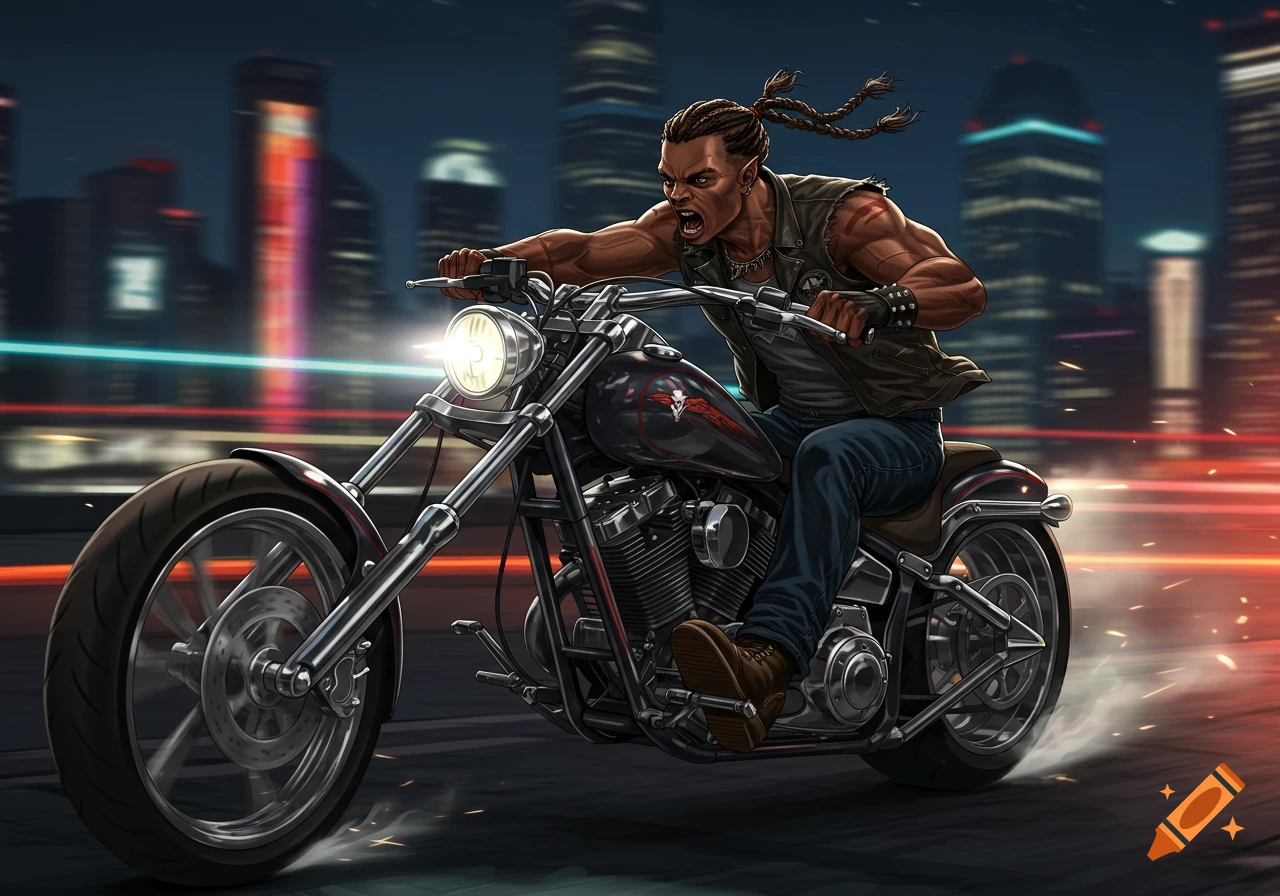 A muscular man with braided hair rides a chopper motorcycle at night in an urban setting, with city lights blurring in the background. He is yelling.