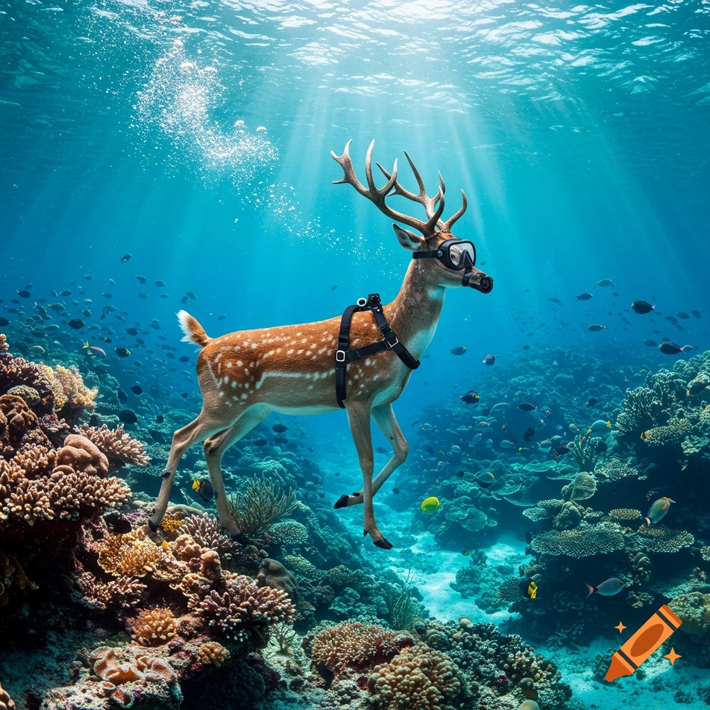 A photorealistic image of a deer wearing a diving mask and harness, swimming amidst colorful coral reefs and fish in clear blue water.