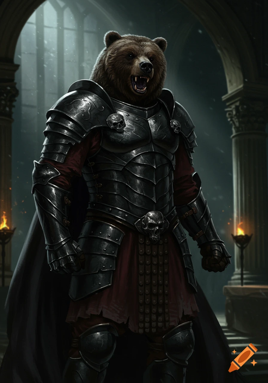 A powerful bear-headed warrior in dark, ornate full plate armor with skull adornments, standing in a dim, grand hall with pillars and torches.