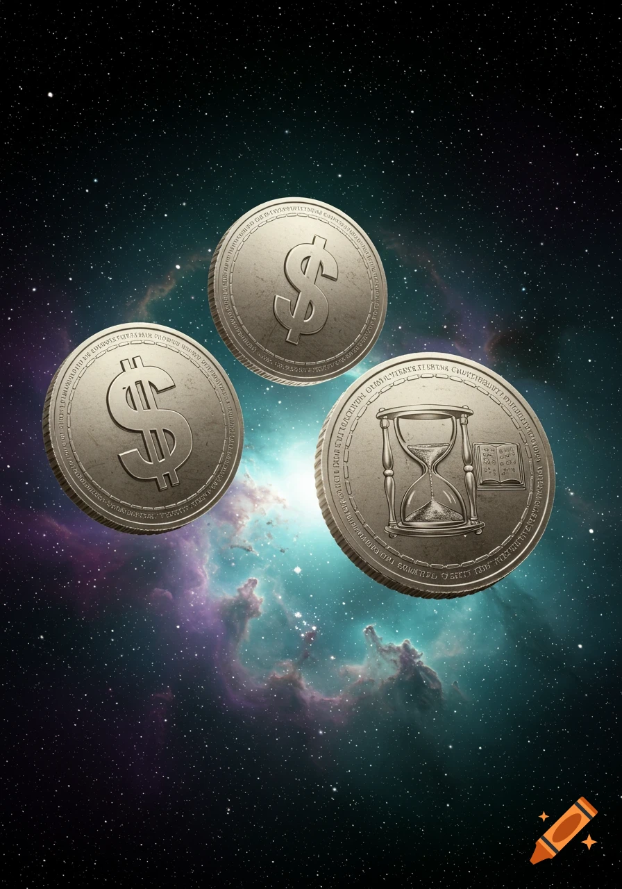 Three silver coins depicting a dollar sign, an hourglass, and a book symbol float in deep space with a colorful nebula.