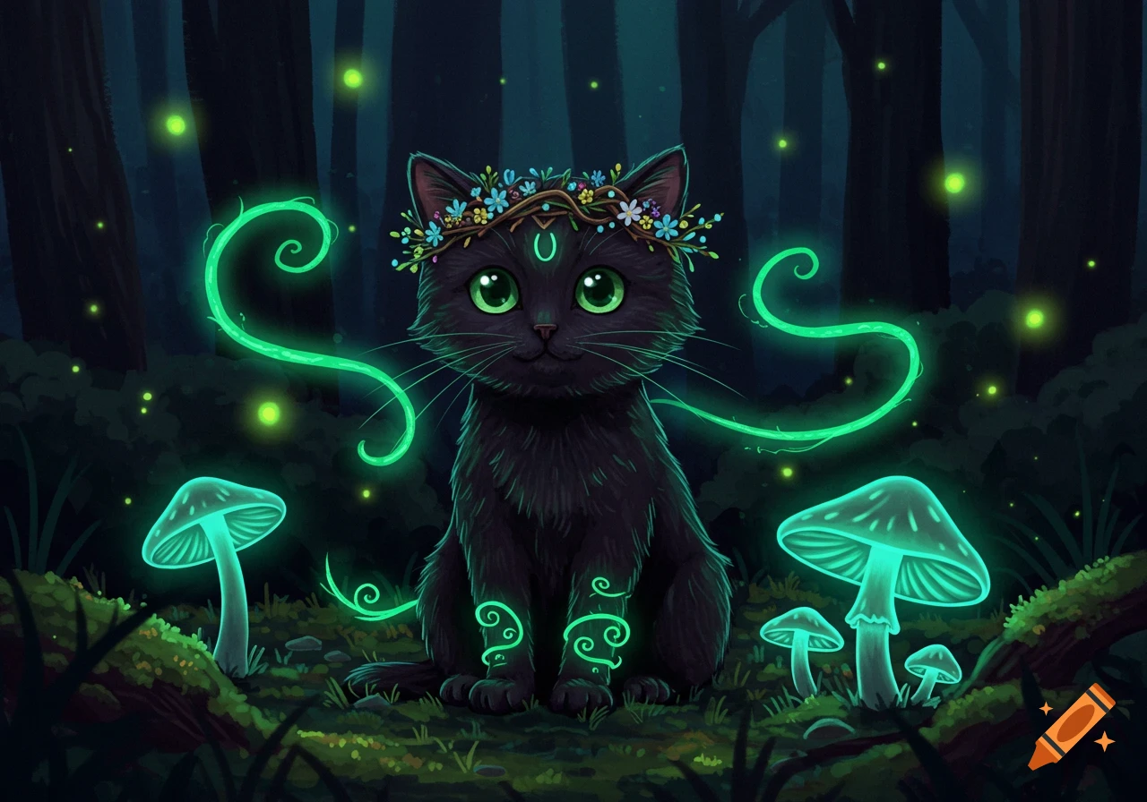 A cute black cat with glowing eyes and a flower crown sits in a dark, magical forest amidst glowing green vines and blue mushrooms.