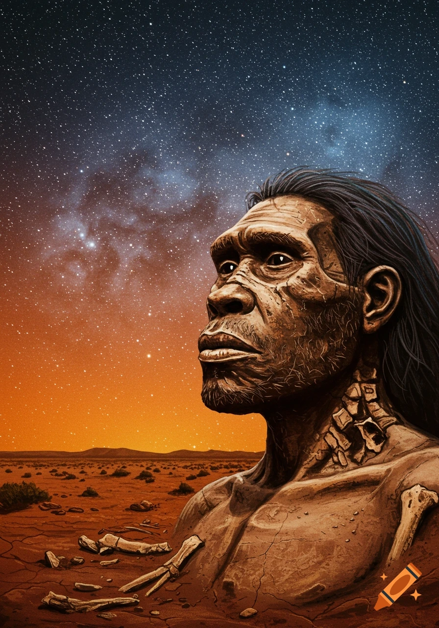 Digital drawing of an ancient human with exposed bones on a cracked body, gazing at a starry desert night sky.