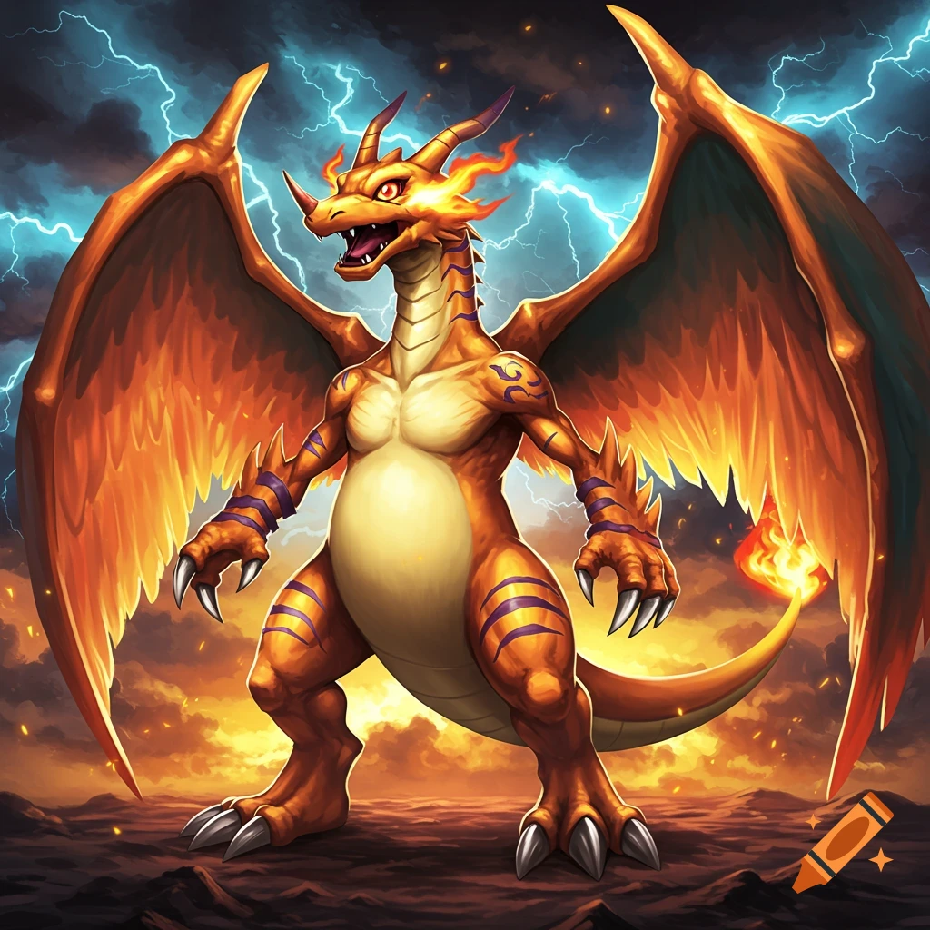 A powerful orange dragon with large wings and horns, resembling a Charizard and Agumon fusion, stands against a stormy sky with lightning and fiery clouds.