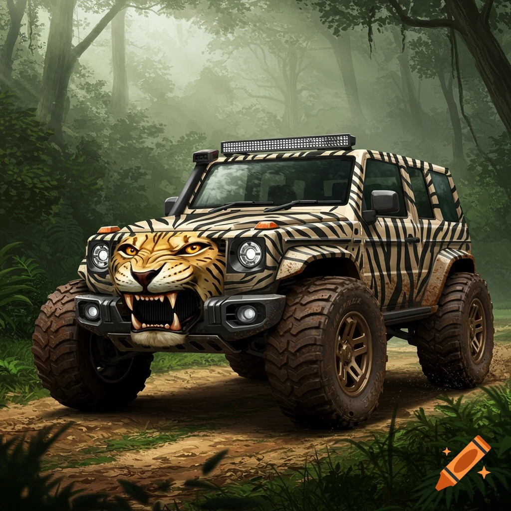 A stylized offroad vehicle featuring a tiger face on the front and zebra stripes on its body, driving on a dirt path through a lush green jungle.