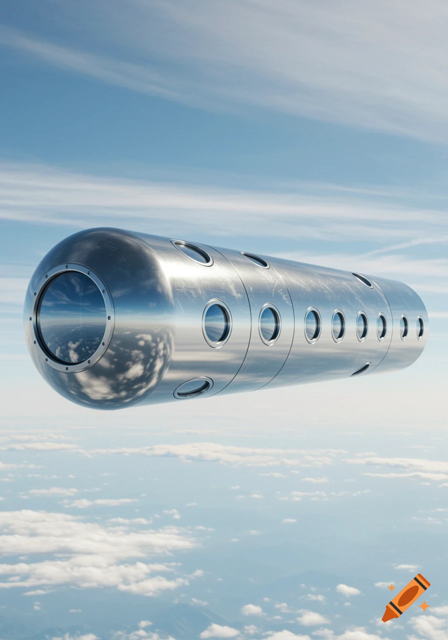 A long, seamless metallic cylinder with portholes floats high in a blue sky above clouds.