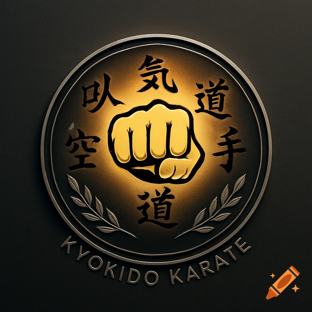 Metallic Kyokido Karate logo with a glowing golden fist, Japanese characters, and olive branches on a dark background.