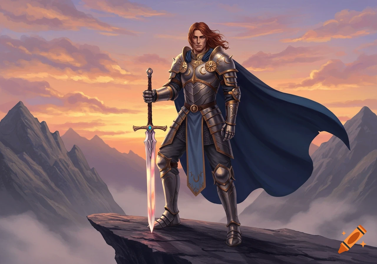A male paladin with long red hair and ornate armor stands on a cliff holding a large sword, set against a sunset mountain landscape.