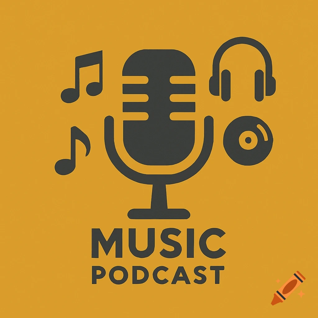 A simple graphic logo for 'MUSIC PODCAST' featuring a microphone, music notes, headphones, and a vinyl record on a mustard yellow background.