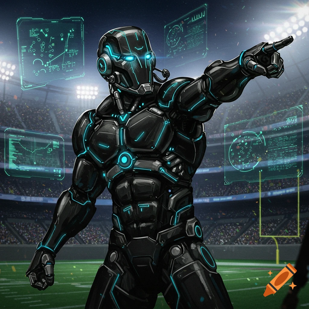 A buff, black robot with glowing blue lines and eyes stands on a football field, pointing forward, surrounded by holographic data screens.